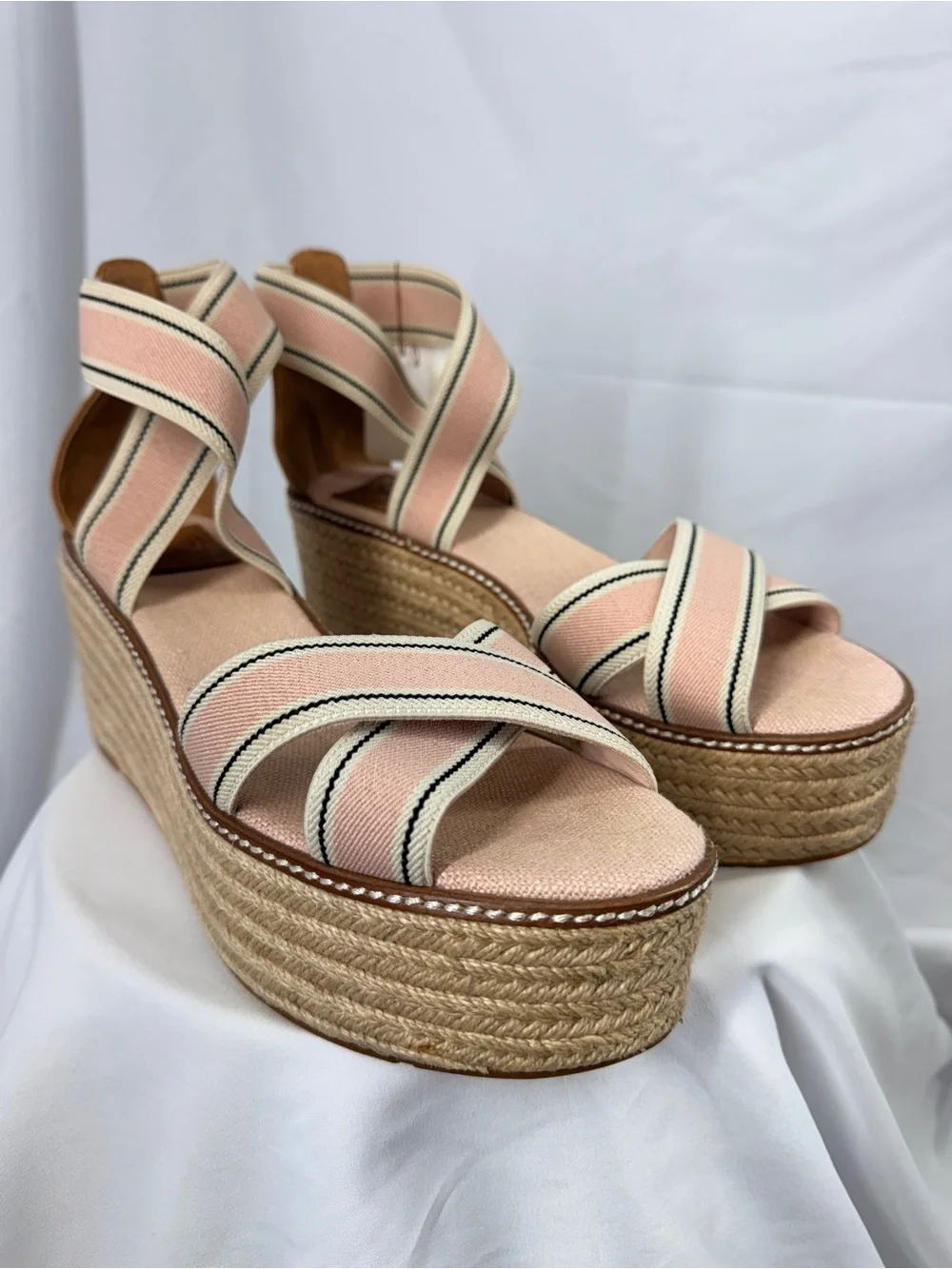 Tory Burch Pink and Cream Striped Espadrille Wedge Sandals